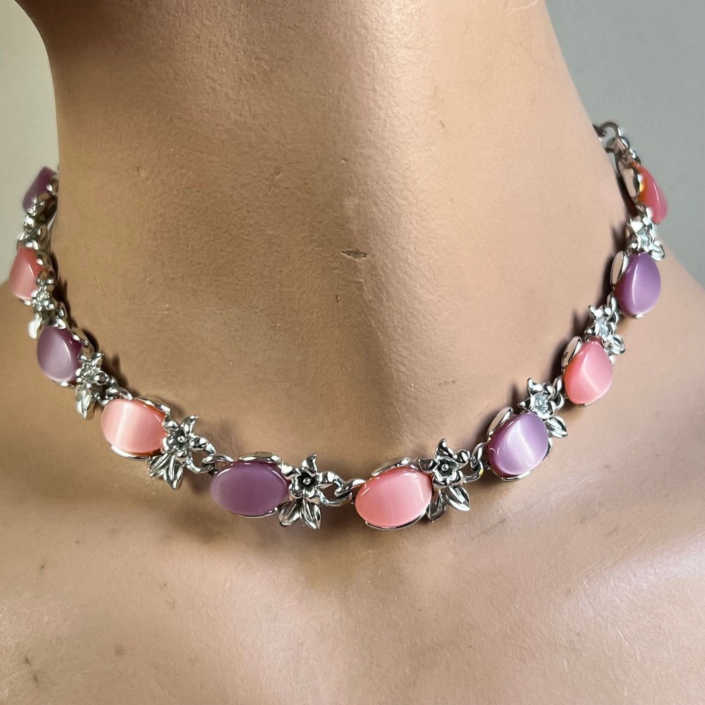 Vintage Thermoset Moonglow Floral Necklace 16" Pink Purple EX